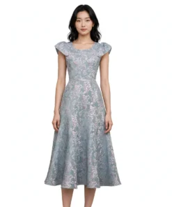 Đầm Hoa Jacquard Xanh Xám - Tay Cánh Tiên