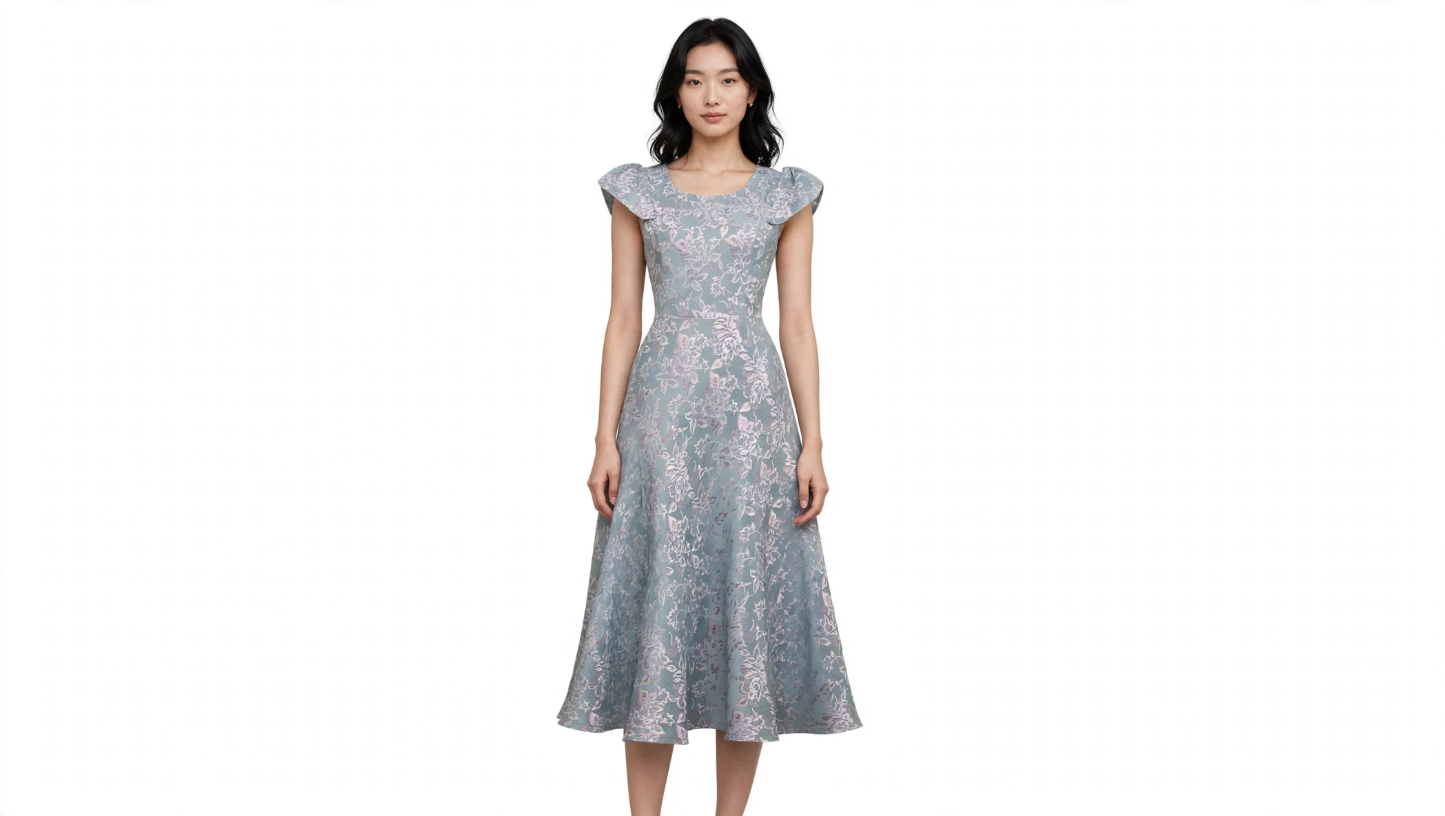 Đầm Hoa Jacquard Xanh Xám - Tay Cánh Tiên